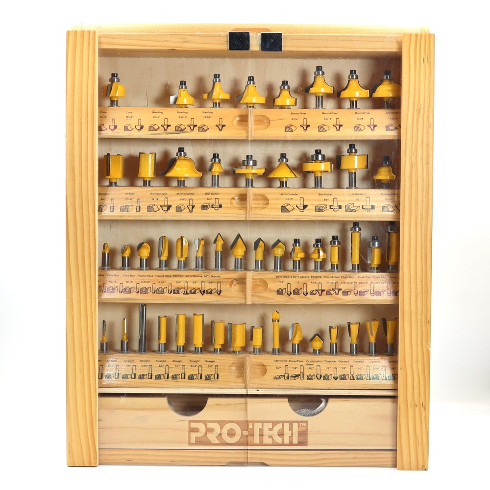 Pro-Tech Router Bit Set 50 Piece Yellow Carbide Tipped Woodworking Tool Kit Case